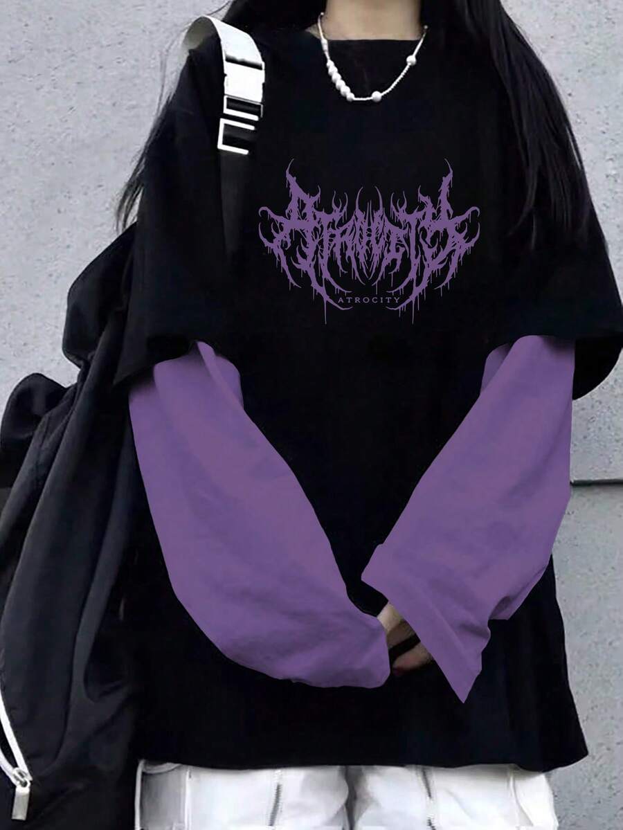 Sudadera casual de manga larga con estampado de relámpago en bloques de color, estilo gótico punk rock retro para mujer, primavera - Púrpura malva - Ver 1
