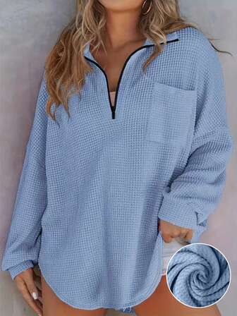 Plus Size Waffle Knit Zip Pocket Long Sleeve Top, Loose Fit, Popular European & American Autumn/Winter Style, Plus Size