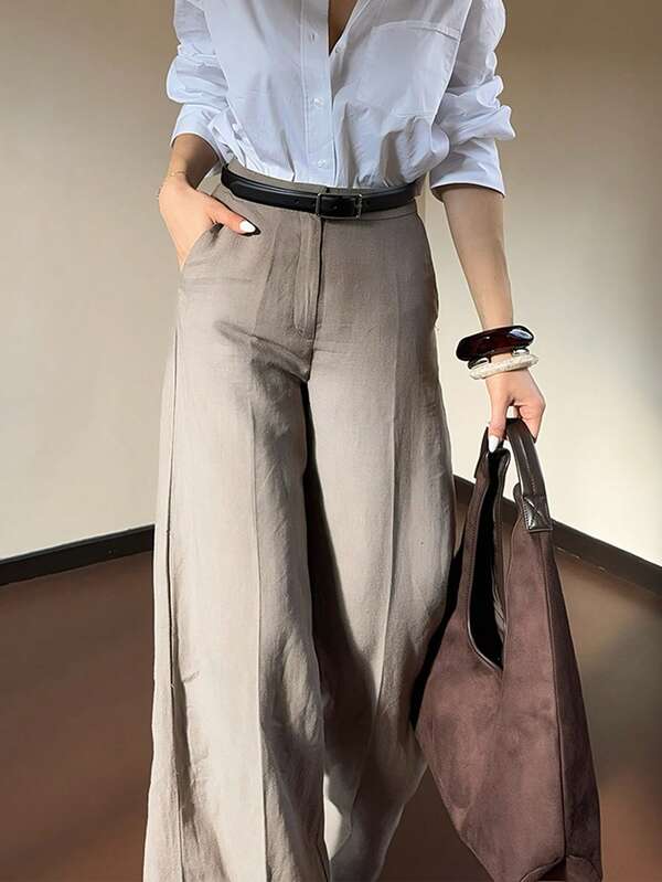 DONICY Pantalones de pierna ancha y recta de cintura alta con bolsillos para mujer, pantalones de traje elegantes, vintage y minimalistas versátiles en color caqui, adecuados para uso diario casual, oficina, citas, compras, exposiciones