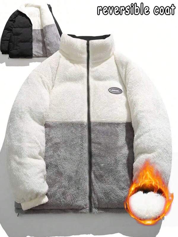 Men's Winter Padded Jacket, Casual Reversible Zip Up Windbreaker Coat With Stand Collar