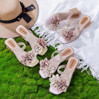 2025 New Fairy Style Fashion Summer Floral High Heel Convertible Thick Heel Transparent Crystal Sandals