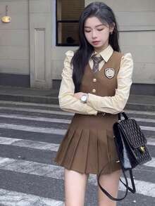Autumn Women's Korean Drama College Style Suits, Small British Suit Vest Shirt Pleated Skirt JK Uniform - 咖色馬甲+裙子 - 查看 11