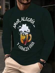 Men's Casual Long Sleeve T-Shirt With Beer Cup Graphic And Spanish Text Print - Round Neck Autumn Tee, Machine Washable Regular Fit, Humorous Design, Graphic Print Shirt - Multicolor - View 1