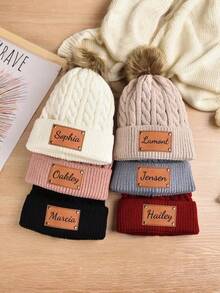 Personalized Pom Pom Hat (Customizable Name), Engraved Pom Pom Hat, Customized Knit Hat, Winter Hat, Newborn Gift, Leather Name Tag Pom Pom Hat - Multicolor - View 8