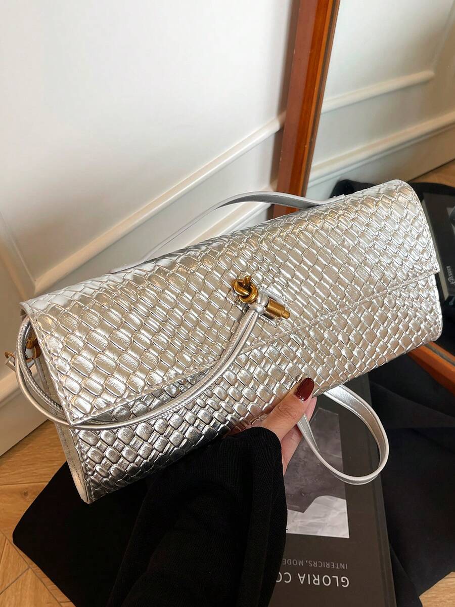 女士高品质纯色PU仿编织斜挎手拿包