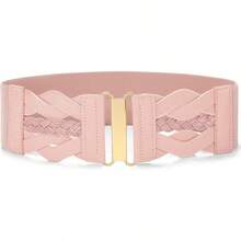 Vintage Stretchy Wide Elastic Belt With Gold Buckle For Women - 粉色 - 查看 1