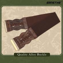 Vintage Stretchy Wide Elastic Belt With Gold Buckle For Women - 復古咖啡 - 查看 2