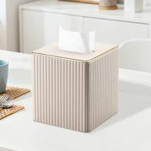 Gold-Edged Square Vertical Striped Tissue Box - Fashionable Cubic Tissue Box Holder, Magnetic Bottom, Decorative PU Tissue Box Suitable For Vanity, Nightstand, Desk, Kitchen Counter, Home Office, Car (Milk Tea Color) - Multicolor - View 9