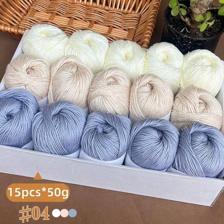 750g, Set de 15 piezas de hilo de mezcla de lujo - Combinación de 3 colores [Aprox. 750g/15 bolas por paquete], Beige suave, Hilo de artesanía multicolor para tejer a mano, Adecuado para mantas de bebé, bufandas, cárdigans, chales y manualidades DIY - 15 ovillos de hilo para bebé de colores a juego - Añade 5