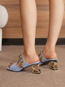 Sandálias de Salto Alto Rosa e Azul Femininas com Salto Grosso Dourado, Design de Bico Quadrado Fashionável, Adequado para Festa, Trabalho e Ocasiões Casuais