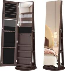 Joyero con Espejo Giratorio de 360° de Longitud Completa, 160 Espejo Cuerpo Completo con Armario, Organizador de Gabinete de Joyería de Gran Capacidad, Joyero de pie (Blanco) - Bastante negro - Ver 5