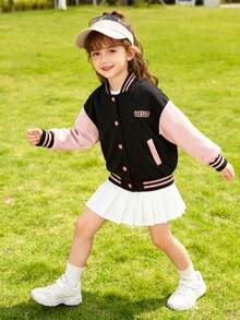 New Girls' Colorblock Jacket Coat, Young Girl' Cute Cartoon Pattern Baseball Jacket, Children's Spring/Autumn Outerwear