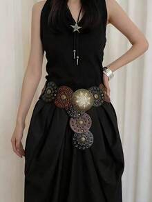 1-Piece Western Cowboy Bohemian Punk Belt Personalized Fashion Accessories Women's Brown Two Circle Eye Round Cake Belt Decoration Bohemian Belt Dress Accessories Suitable For Daily Commuting And Versatile Matching, Friend Gatherings, Vacation Dinners, Dances, Parties, Music Festivals Wearing Matching, Giving Gifts To Friends, Family Gifts, Mother Gifts, Girlfriend Gifts, Birthday Gifts, Valentine's Day Gifts, Mother's Day Gifts