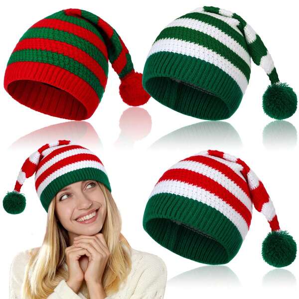 Christmas Knitted Hat, Autumn/Winter Striped Knitted Hat, Knitted Christmas Hat, Santa Claus & Elf Hat, Crochet Christmas Beanie, Christmas Party Hat For Adults, Women & Men, Lightweight, Soft, Warm Hat, Christmas Gift