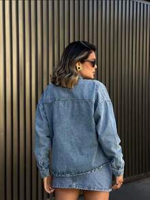 Women's Denim Jacket Coat Blouse Coat Women's Cold Weather Long Sleeve 0067 - 中等水洗藍 - 查看 2