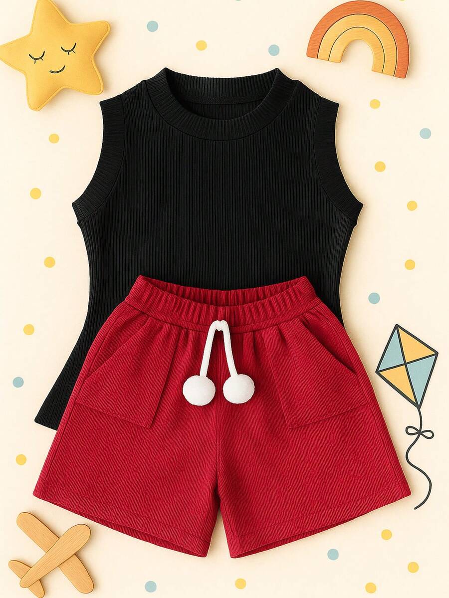 Children's And Youth Set Basic Tank Top + Ribbed Shorts With Pompom Super Stylish 2-Piece Kit For Girls And Teenagers Spring Summer CJI039 - Rosa y negro - Ver 1