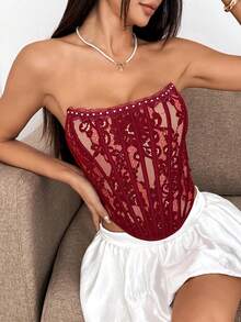 JSE Elegant Floral Print Mature Charm - Graceful Lace Ruffle Trim Backless Bustier Bodycon Corset Top - Burgundy - View 2