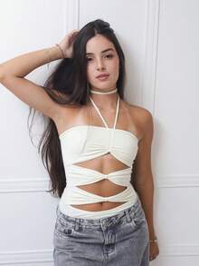 Women's Halter Bodysuit With Cutouts And Ties, Glamor And Sensuality - trắng - Xem 1