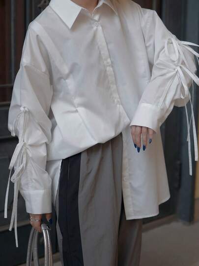 Blusa holgada de manga larga casual para mujer, de tela tejida de unicolor, con botones delanteros y lazo, adecuada para la oficina, uso diario, aeropuerto, citas, primavera/otoño