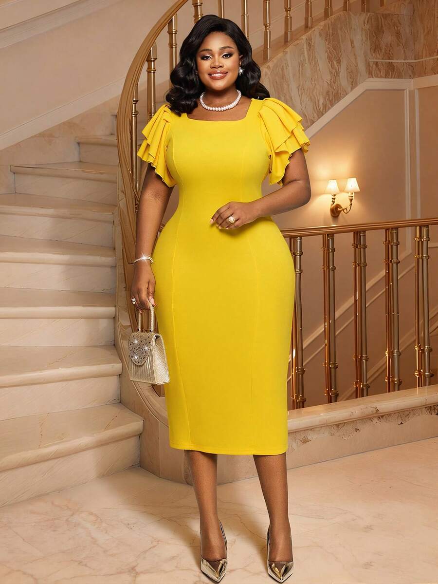 Women's Elegant Party Dress, Plus Size Bodycon Midi Dress With Ruffle Trim, Formal Workwear Suitable For Christmas, Thanksgiving, New Year, Weddings, Office, Daily, Work, Party, Graduation, Spring/Summer - Yellow - View 1