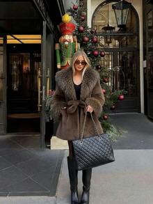 2025冬季新款人造毛领仿皮草外套，复古宽松长袖女式人造皮草夹克 - 咖啡棕 - 查看 3