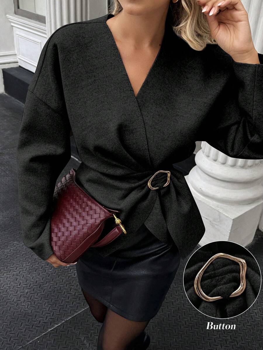 Cross-Wrap Metal Buckle Waist Coat - Black - View 1