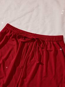 Set de 2 piezas de lencería elegante y sexy para mujer de unicolor, con copas triangulares, tirantes ajustables, adorno de encaje y lazo, y pantalones con cordón en la cintura, un cómodo conjunto de pijama