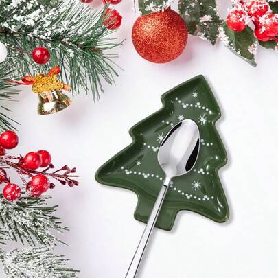 1pc Christmas Spoon Rest, Ceramic Christmas Tree Shaped Dish Decorative Serving Platter, Versatile Tree Shaped Ceramic Plates/Spoon Rest/Jewelry Ring Dish For Kitchen Bedroom Xmas Party Decorations And Gift