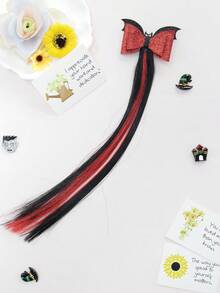 Extensiones de clip para el cabello con lazo de murciélago negro y rojo de Halloween, accesorios de cabello falso degradado de negro a rojo a negro, clips para el cabello brillantes y con brillo para Halloween, diademas góticas y dulces de Lolita de Halloween para niñas