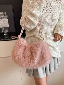 Borsa a tracolla in pelliccia finta soffice, design minimalista, stile di nicchia, piccola borsa a tracolla da donna, morbida e soffice, texture pelosa, casual chic, borsa portatile in stile Y2K, adatta per San Valentino, primavera e inverno, la migliore borsa primaverile, si abbina perfettamente agli outfit autunnali - Multicolore - Visualizzare 7