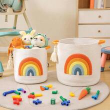 - Cestas de almacenamiento de juguetes de algodn tela para almacenamiento de cuerda para nios, cestas de manta para sala de estar, organizador de juguetes con bordado colorido arco iris - Arcoíris - Ver 6