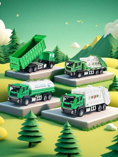 1 Peça Modelo de Veículo de Metal por Inércia, 4 Tipos Diferentes (Caminhão de Lixo/Caminhão Caçamba/Caminhão-Pipa/Caminhão Basculante), Adequado para Entusiastas de Modelos de Veículos, Presente de Aniversário para Meninos e Meninas, Presente de Natal, Volta às Aulas