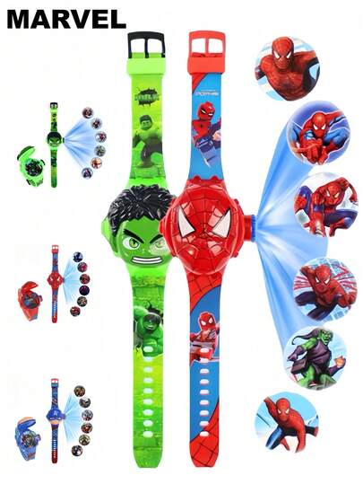  Marvel New Flip Cover Design Projection Luminous Cartoon Hero Teenage Electronic Watch, Spider-Man Watch Teenage Gift, Unisex Cartoon Print Watch