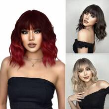 14" Burgundy OmbreShort Curly Bob Wig With Bangs For Women - Matte Heat-Resistant Fiber | Breathable Rose Net | Women Christmas Holiday Daily Wear - 酒紅色 - 查看 2