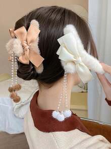 Elegant Tassel Pendant Bow Plush Hair Clip, Sweet Hair Accessory, Hair Decoration, Hair Claw, Hair Clip, Hair Accessory, Suitable For Autumn/Winter Holiday Outfit Women Bandanas Winter Hair Accessories