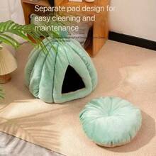 1pc New Thickened Pumpkin Shaped Cat Bed, Green Small Tent Cat Bed Suitable For Cats And Small Dogs, Warm And Semi-Enclosed, Removable And Washable, Cute Christmas Gift - Green - View 4
