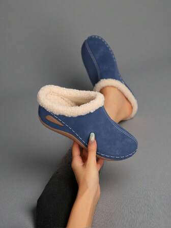 女士秋冬必备单品，仿麂皮绒毛保暖拖鞋，白色缝线设计，舒适易穿，适合居家/休闲/办公场合，防滑耐穿，秋冬百搭吸睛又舒适，休闲毛绒内里，毛绒鞋，穆勒鞋