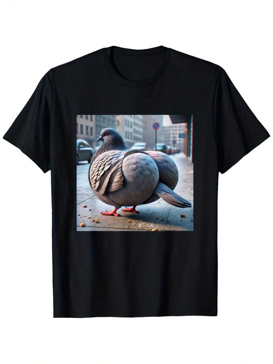 Camiseta con estampado de meme de paloma "Brainrot" - Suave 100% algodón, camiseta gráfica casual para hombres y mujeres, tela ligera y transpirable, ajuste regular, diseño urbano humorístico, lavar a mano o limpiar en seco, camiseta para todas las estaciones, moda urbana, tejido duradero - Negro - Ver 1