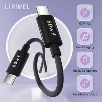 60W Type C 转 USB C 快速充电器线（黑/白），高速充电，TPE材质，耐用防刮，兼容各种Type C接口设备（快速充电），适用于笔记本电脑和平板电脑，1/3/5条线