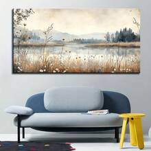 2D Flat, Vintage Farmhouse Wall Art - Autumn Landscape Painting With Beige, Brown, Teal & Orange Hues - Wrapped Canvas Framed Decor For Living Room, Bedroom, Bathroom - Ready-To-Hang Country Cottage Decoration, Rustic Charm, Handcrafted Feel, Decorat - 彩色 - 查看 4