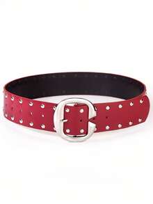 1pc Women's Wide Waist Belt, Rivet Punk Style Solid Color PU Leather, Oval Metal Buckle, Plus Size