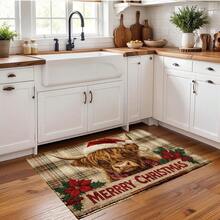 1 Stück Weihnachts-Hochlandrind mit roter Weihnachtsmütze & Stechpalmenbeeren-Muster, Faux-Woll-Fleece TPR-Boden-Fußmatte, Badezimmermatte, Küchenmatte, Waschküchenmatte, Feiertags-Dekoration, Heimdekoration, Party-Dekoration, Hochzeitsdekoration, Esszimmer-Dekoration