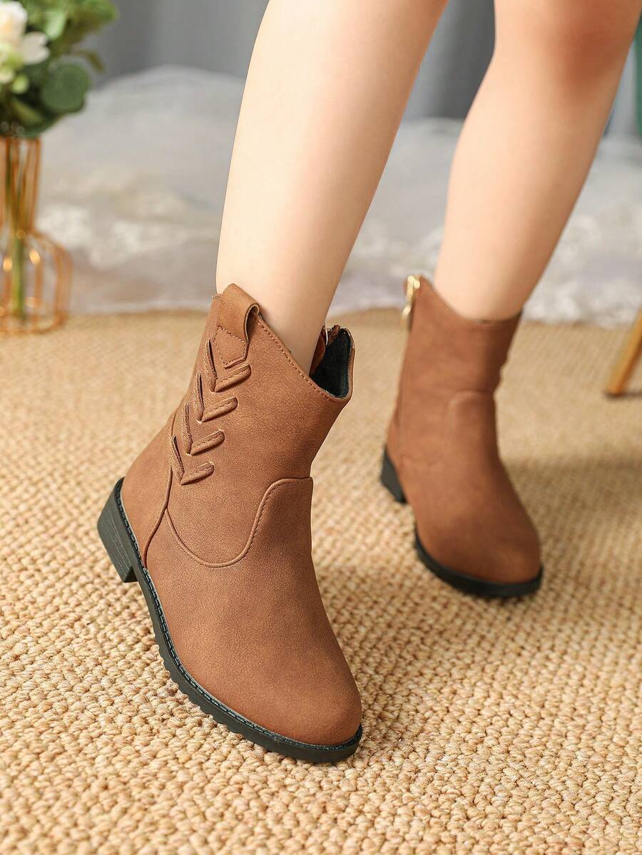 女童棕色靴子，儿童冬靴，女童鞋，童靴，冬季儿童平底靴 - 棕色 - 查看 1