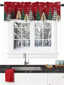 1 pieza Cenefa de ventana con estampado de árbol de Navidad y copos de nieve - Bolsillo para barra, de poliéster con filtro de luz para la cocina