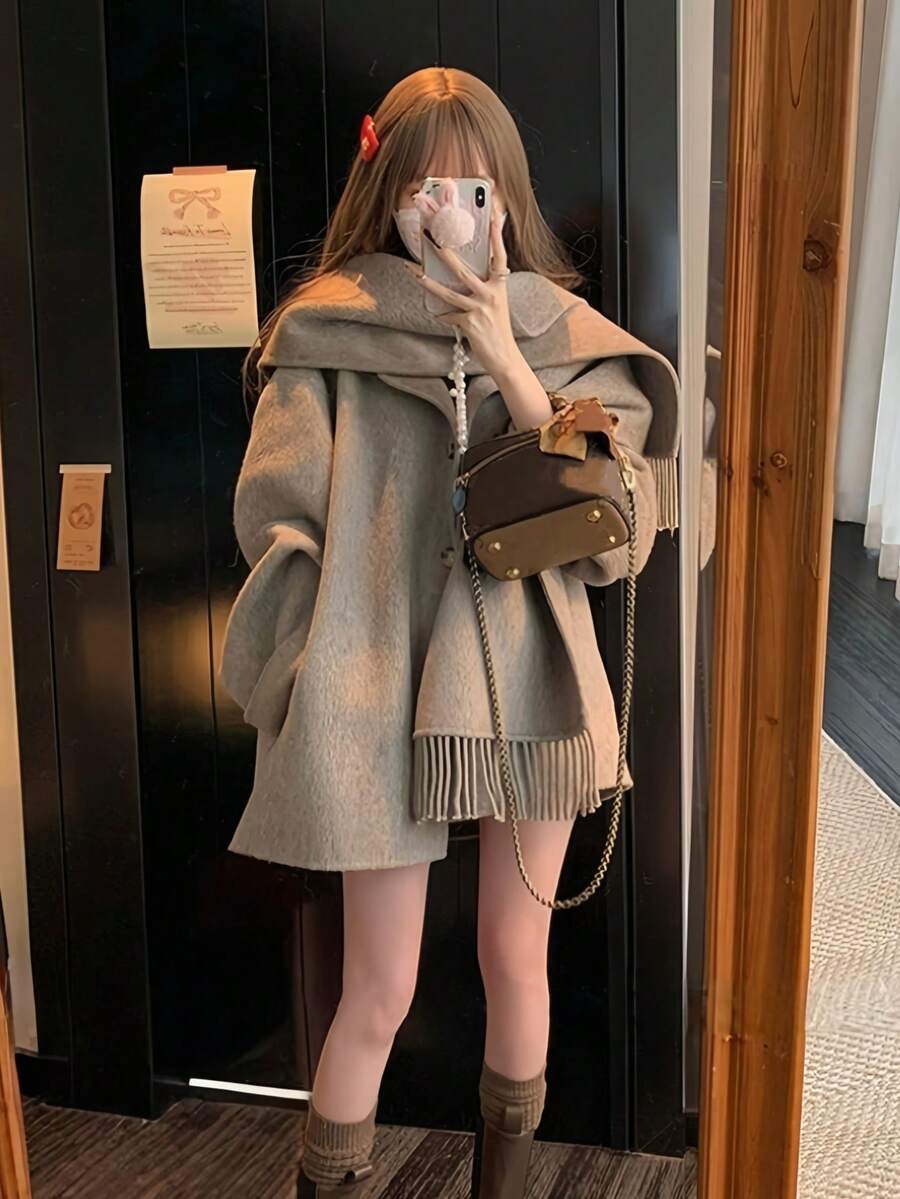 优雅别致羊毛大衣女短款外套2025冬季新款办公室女士开衫夹克披肩领外套秋季宽松斗篷服装 - 紫紅色 - 查看 1