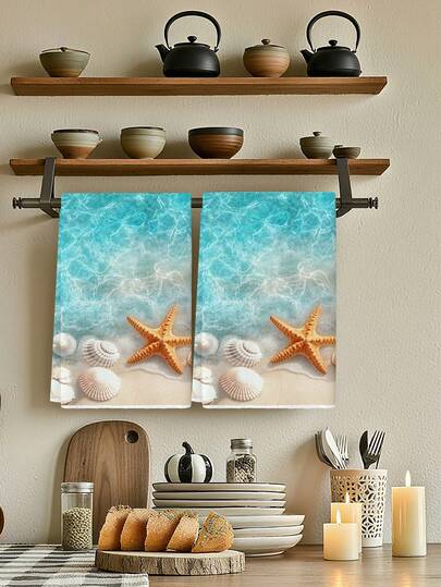 2 Piezas Toallas de cocina con diseños de estrella de mar, caballito de mar y coral, estilo granja, toallas de platos y secado de manos adecuadas para la cocina, restaurante y mesa de comedor