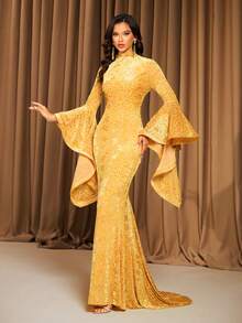 LOVE&LEMONADE Yellow Long Sleeve Flared Cuff Mandarin Collar Floor-Length Evening Gown