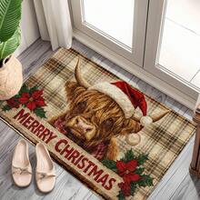 1 Stück Weihnachts-Hochlandrind mit roter Weihnachtsmütze & Stechpalmenbeeren-Muster, Faux-Woll-Fleece TPR-Boden-Fußmatte, Badezimmermatte, Küchenmatte, Waschküchenmatte, Feiertags-Dekoration, Heimdekoration, Party-Dekoration, Hochzeitsdekoration, Esszimmer-Dekoration