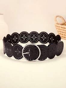 1pc Women's Vintage Round Hollow Geometric Pattern PU Leather Casual Jeans Belt, Suitable For Autumn, Halloween