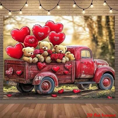 2D Flat Banner 1pc Polyester Fiber Wall Decor, Red Roses, Heart Shapes And Cute Bear Design, Suitable For Romantic Celebration (Valentine's Day Background